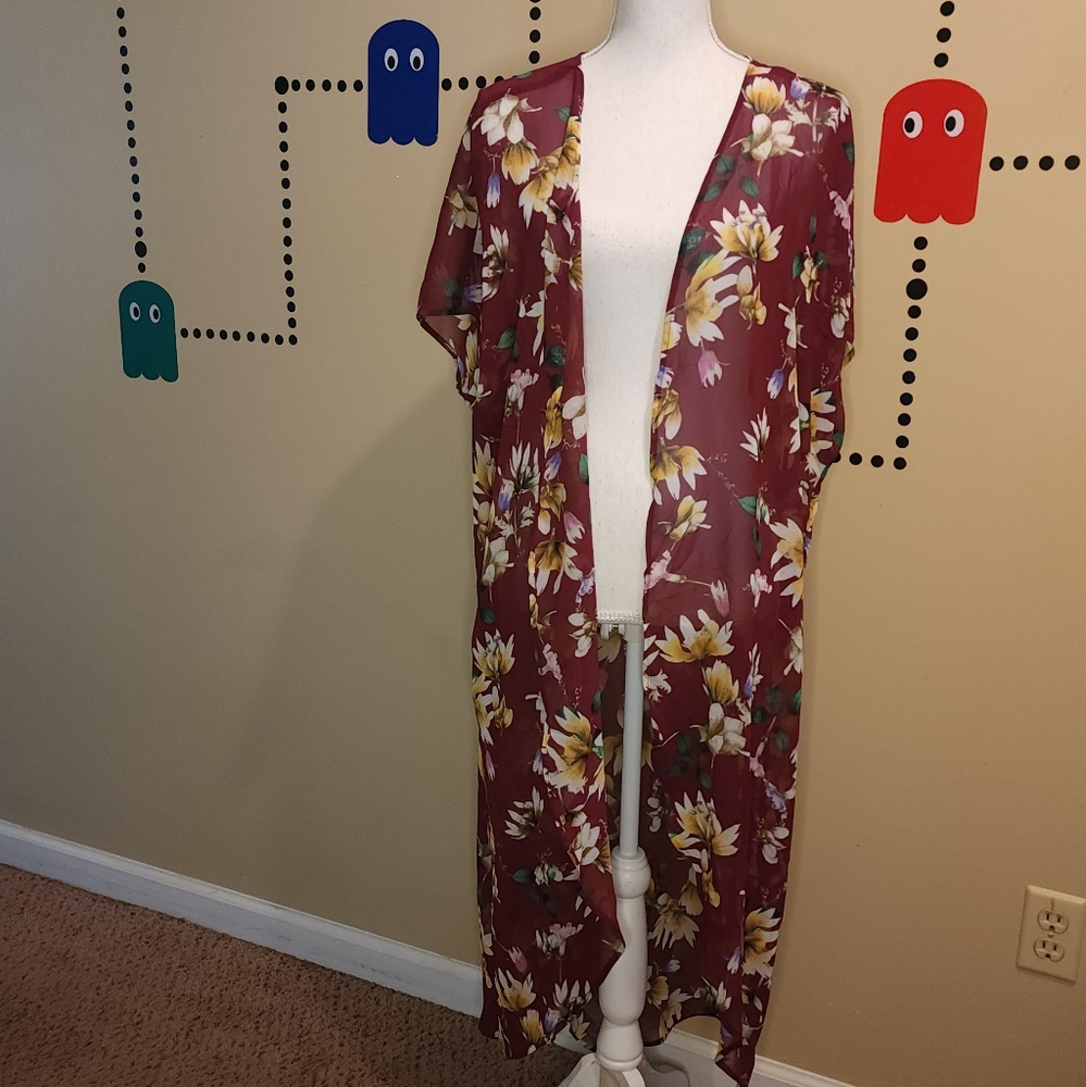Boutique Burgundy Floral Kimono Cardigan 0X 1X